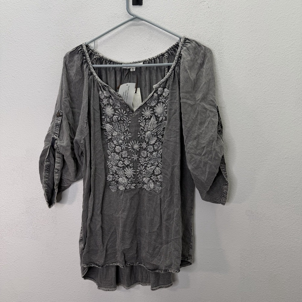 Solitaire Anthropologie NWT Top Women's Gray Embroidered Peasant Boho Size XL